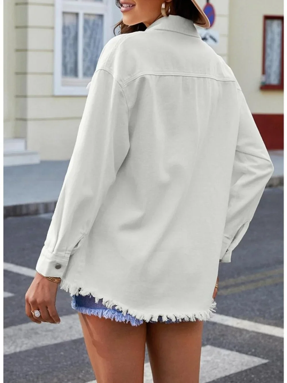 Women's White Denim Button Down Oversized Distressed Boyfriend Jean Jacket